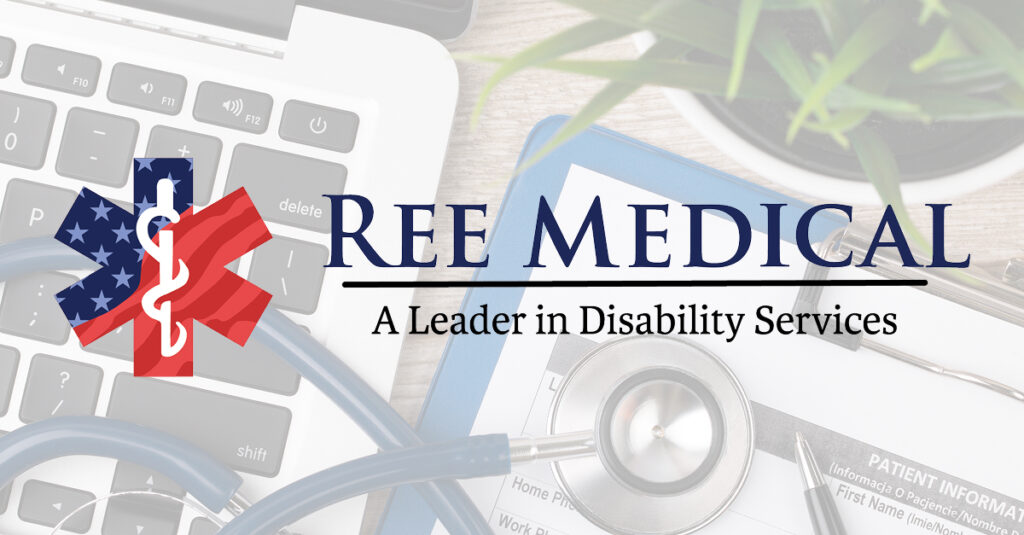 REE Medical logo with tagline “A Leader in Disability Services” over a medical-themed background.