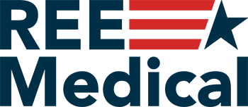 REE Medical Logo A Leader in Disability Services - Full Color Blue and Red Medical Image with Blue Font