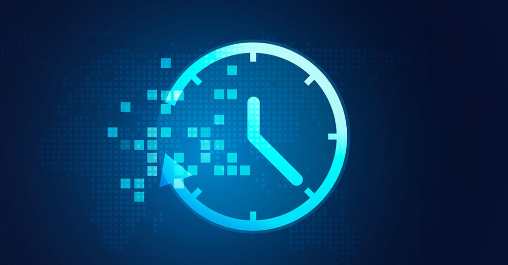 Graphic of a clock ticking blue.