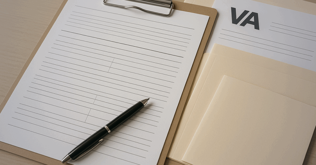VA paperwork on clipboard.
