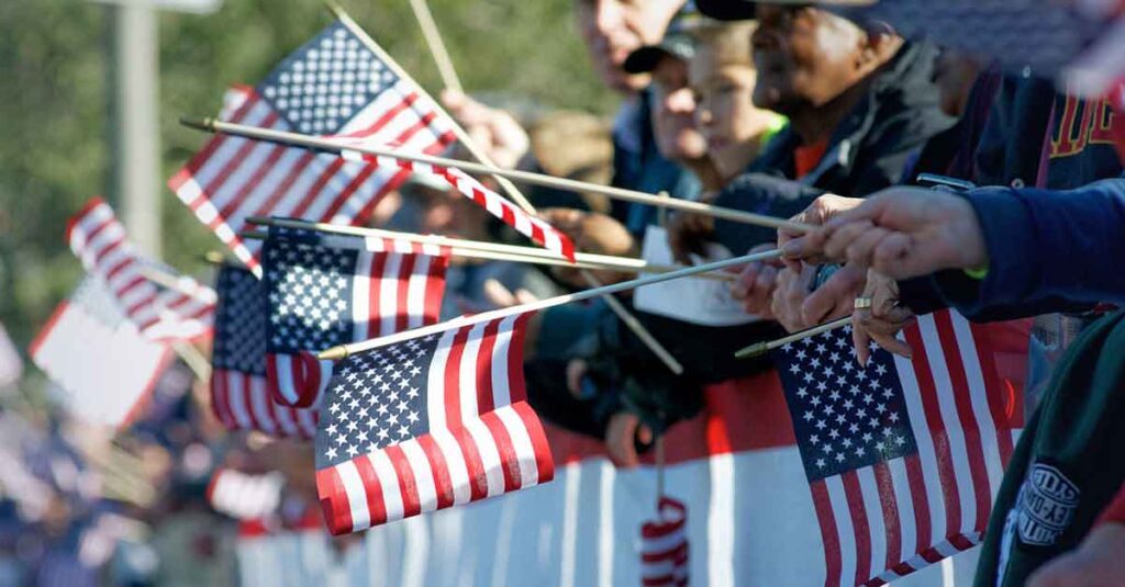 American flags in military parade.