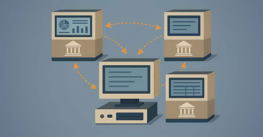 Illustrated computers connected to the internet.