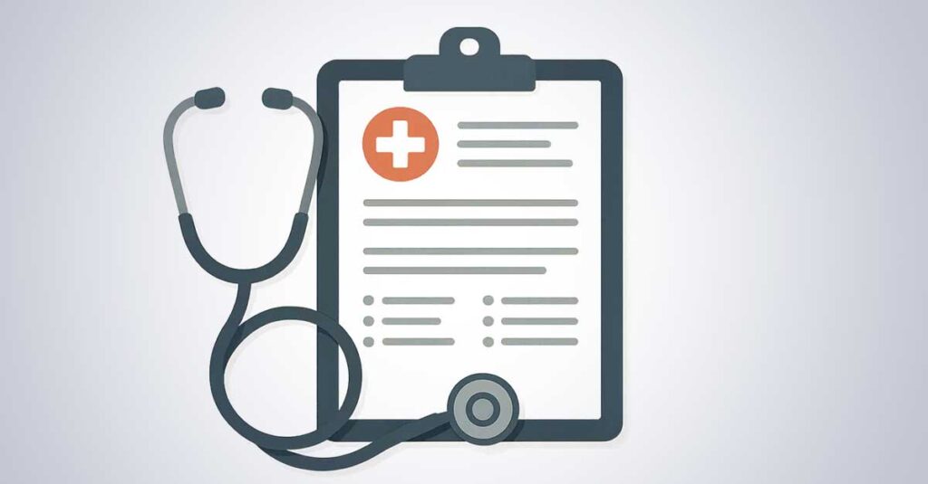 Illustration of stethoscope and clipboard.