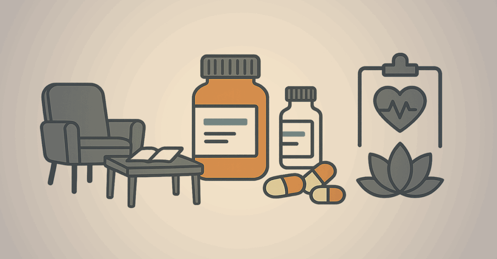 Illustration with chair, pills, and clipboard.