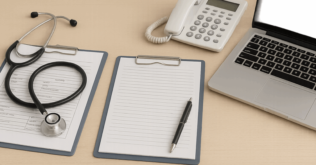 Medical paperwork and a laptop.