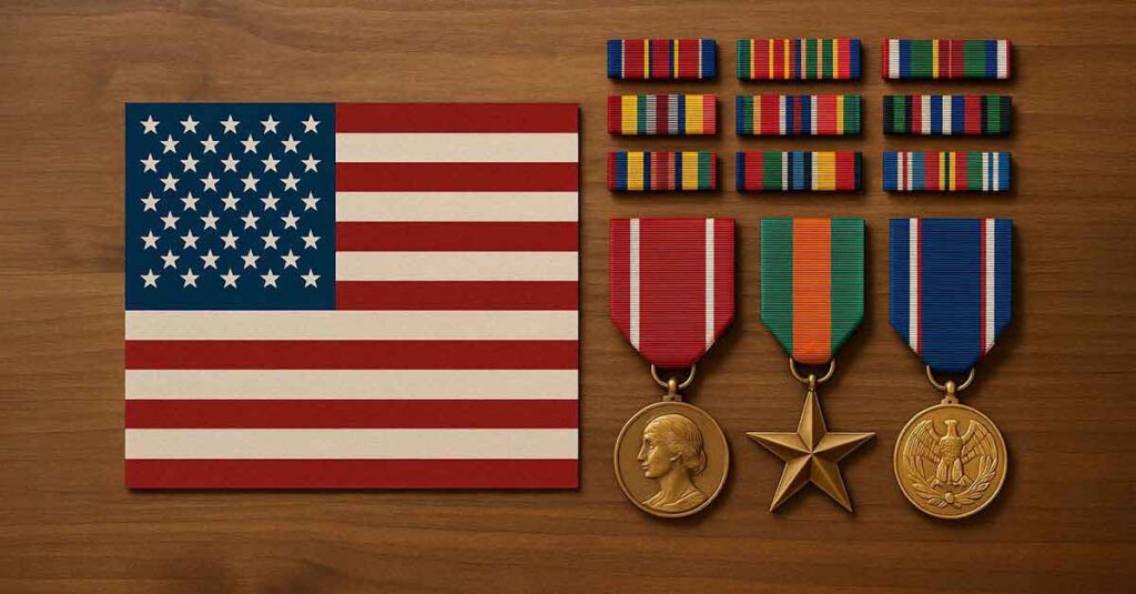 Military medals and the American flag.