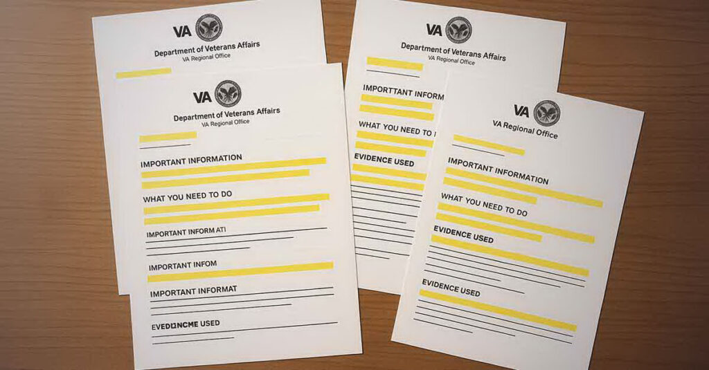 VA paperwork with yellow highlights.