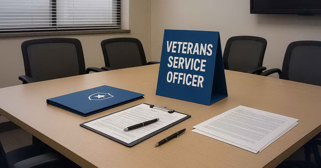 Veteran service officer sign on a table.