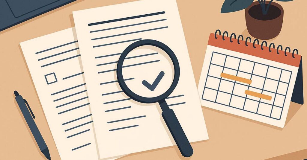 VA for 21-2680 paperwork, calendar, and magnify glass.