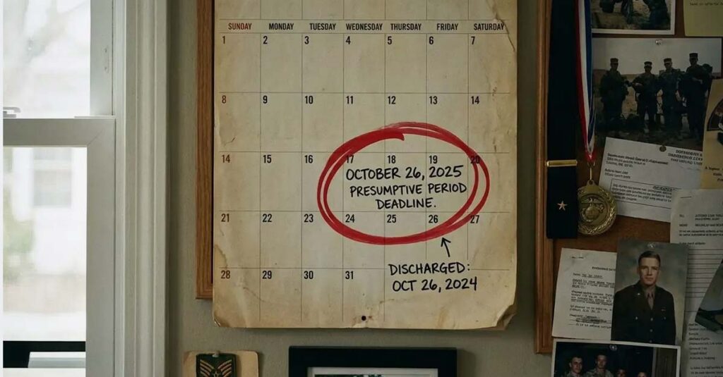 Calendar highlighting the one-year presumptive period for gout claims.