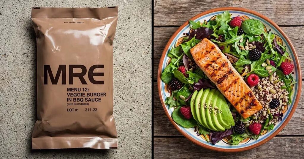 Comparison of military rations versus healthy civilian meal options.