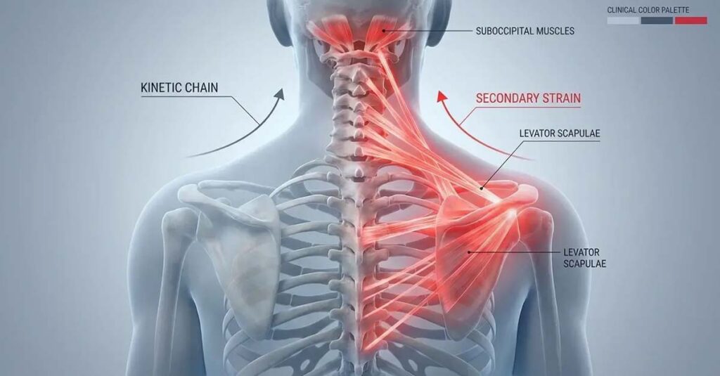 Diagram of neck and shoulder muscle connection.
