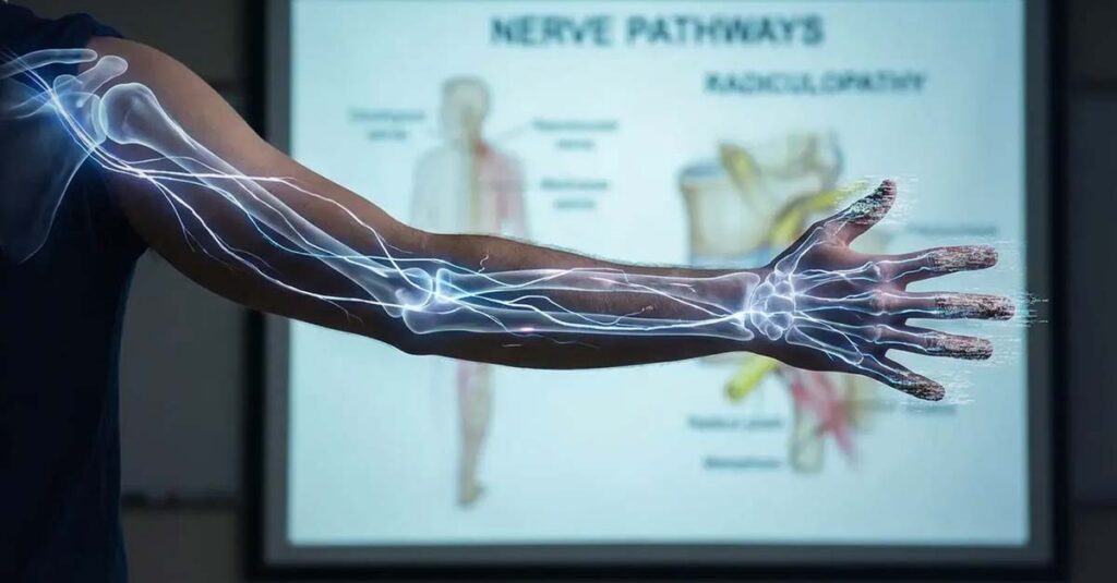 Diagram of neck and shoulder muscle connection through the arm.