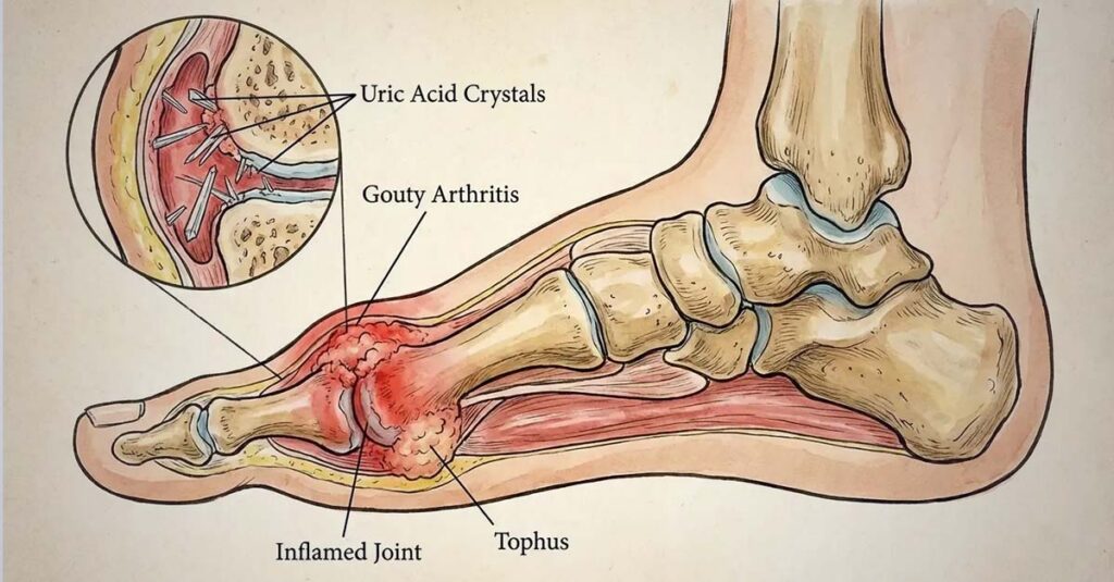 Doctor examining a patient's foot for gout symptoms.