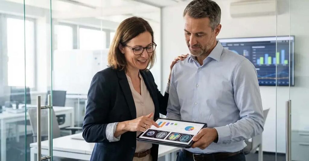 Two people looking at health charts on a tablet.