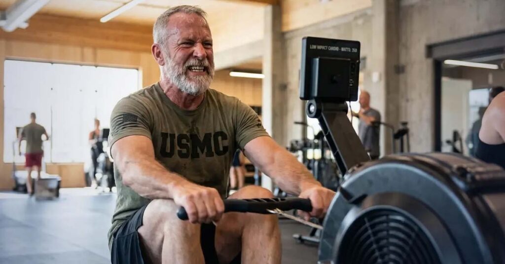 Veteran engaging in low impact exercises like swimming and rowing.