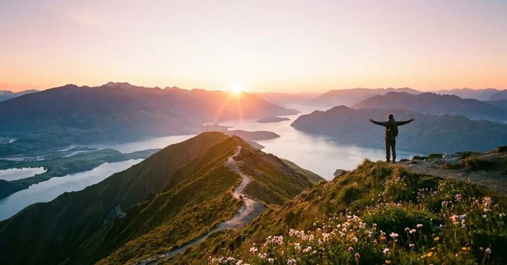 Veteran standing at an overlook during sunrise with arms spread.