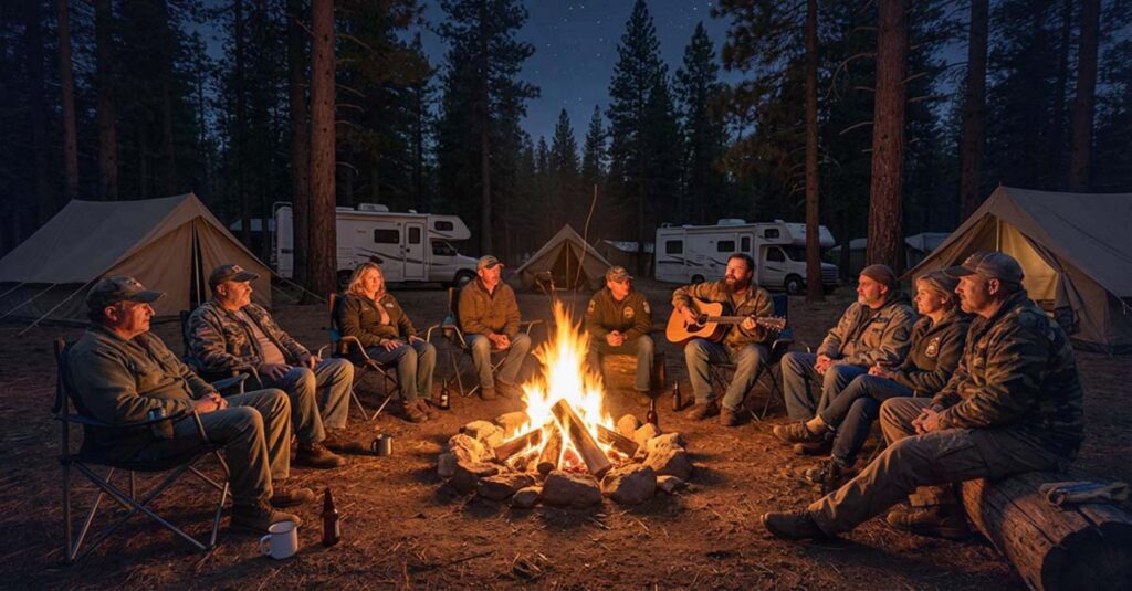 Veterans gathered by a campfire sharing stories and connecting.