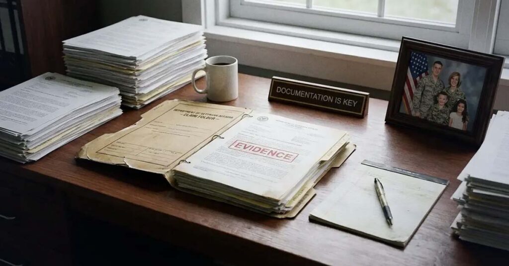 eterans organizing medical paperwork and nexus letters for claims.