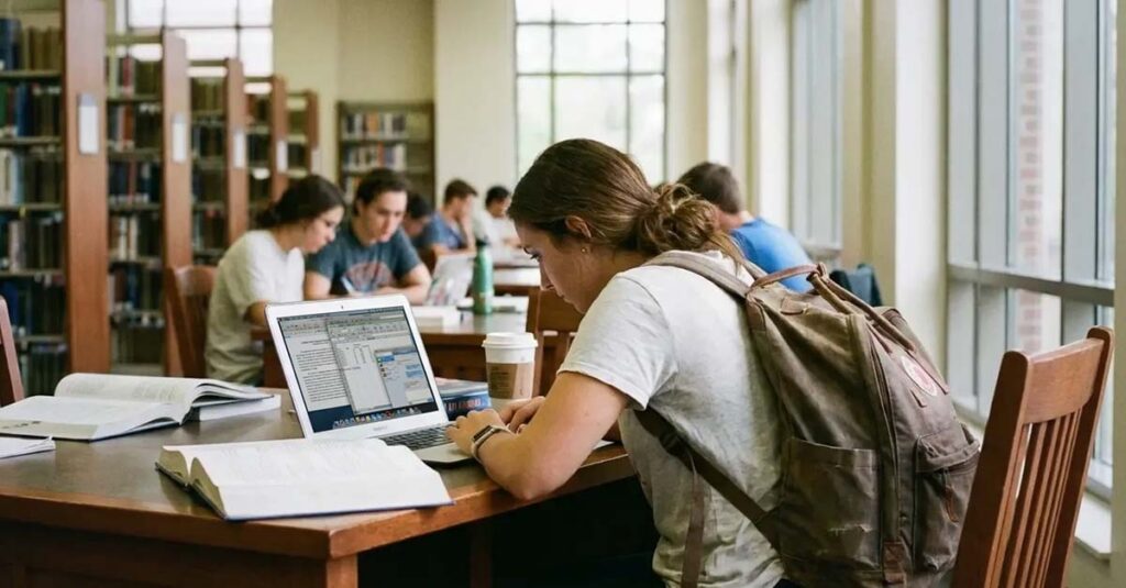 A Florida student in a library working on a laptop - CSDDVA Scholarship Information.