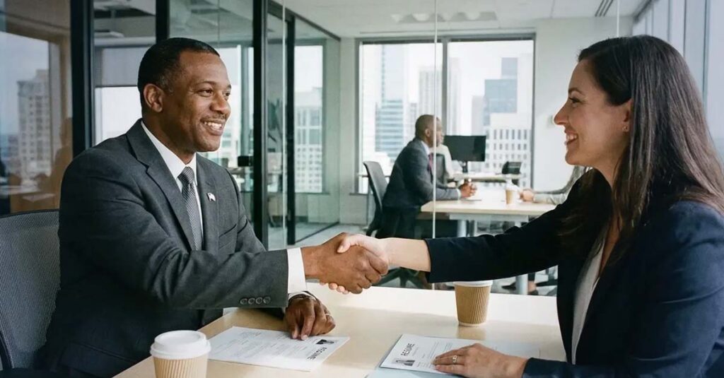 A Veteran shaking hands while accepting an employment offer - Veteran Employment Preference.