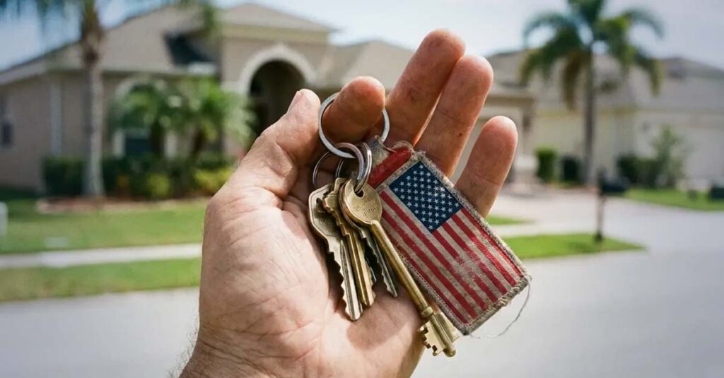 A man’s hand holding a set of house keys - Hometown Heroes Housing Program.