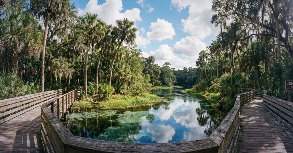 A wooden walkway skirting a state park swamp - Florida State Park Pass.
