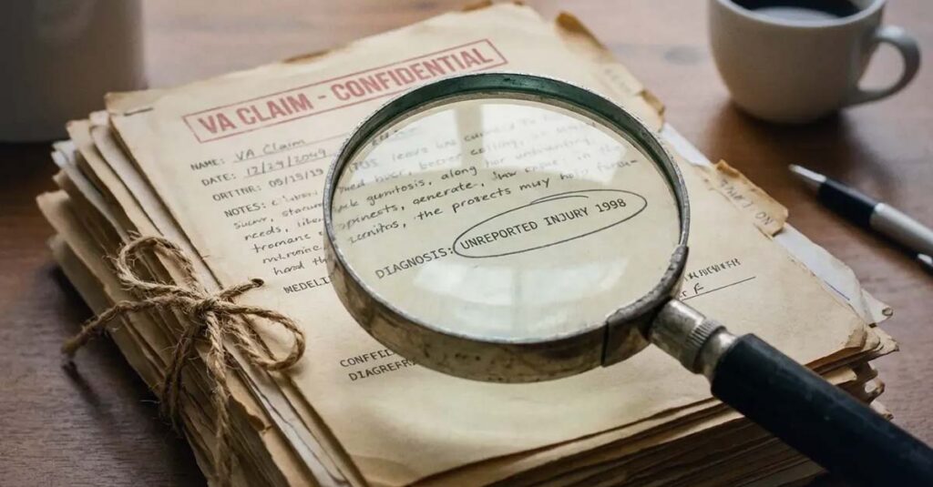 An image representing VA claim documents with a magnifying glass revealing an error in the claim.