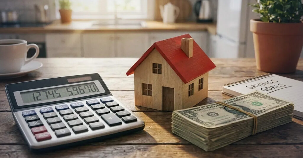 Calculator, stack of U.S. dollars and model home on a desk -  Housing and Tax Breaks.