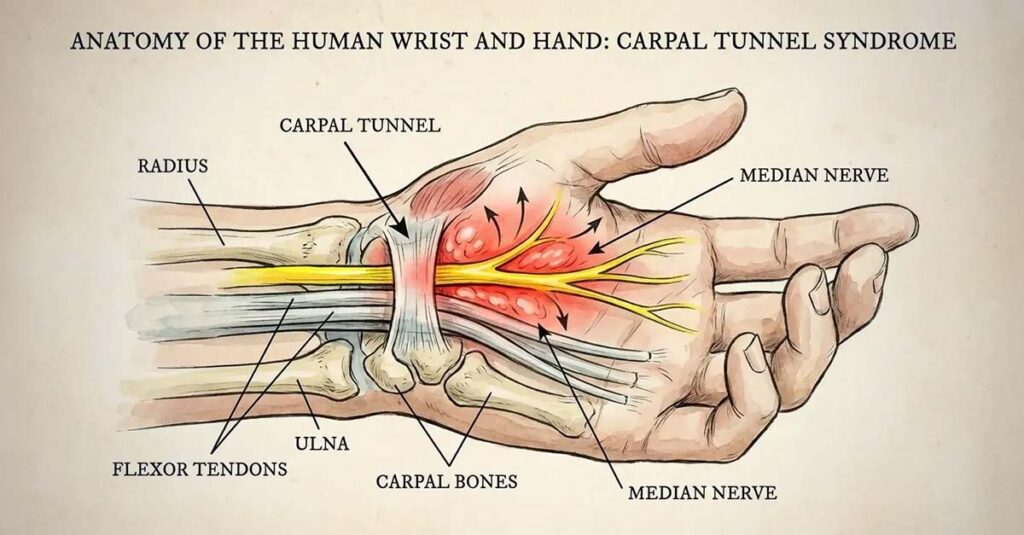 Diagram showing the median nerve relevant to VA disability rating.