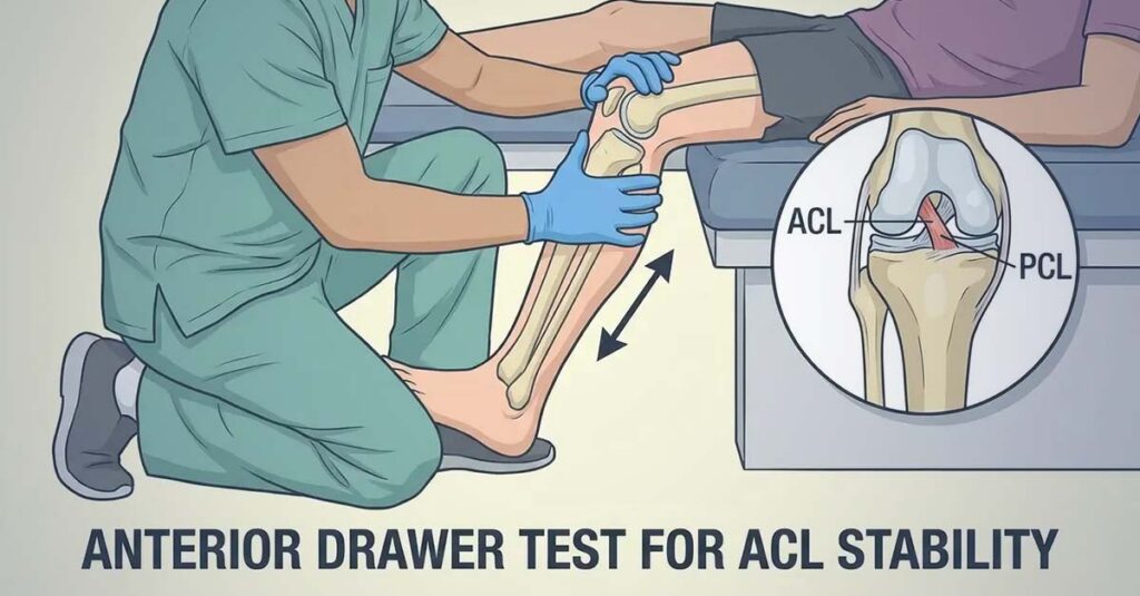 Doctor performing objective knee test on veteran.
