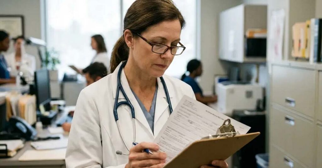 Doctor reviewing medical evidence for VA claim.