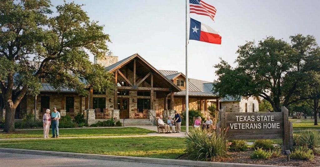 Elderly veterans talking in a care facility.