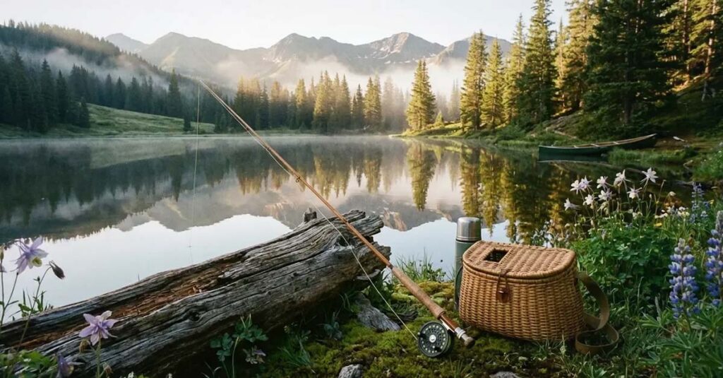Fly reel and catch basket sitting beside a pristine Colorado lake.