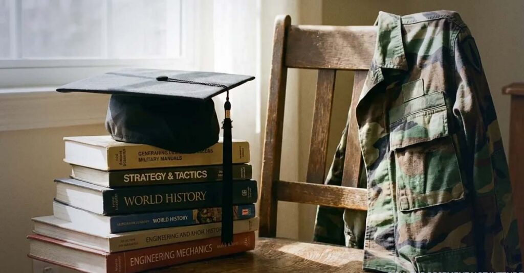 Graduation cap resting on a stack of textbooks with a camouflage blouse hanging on the back of a chair.