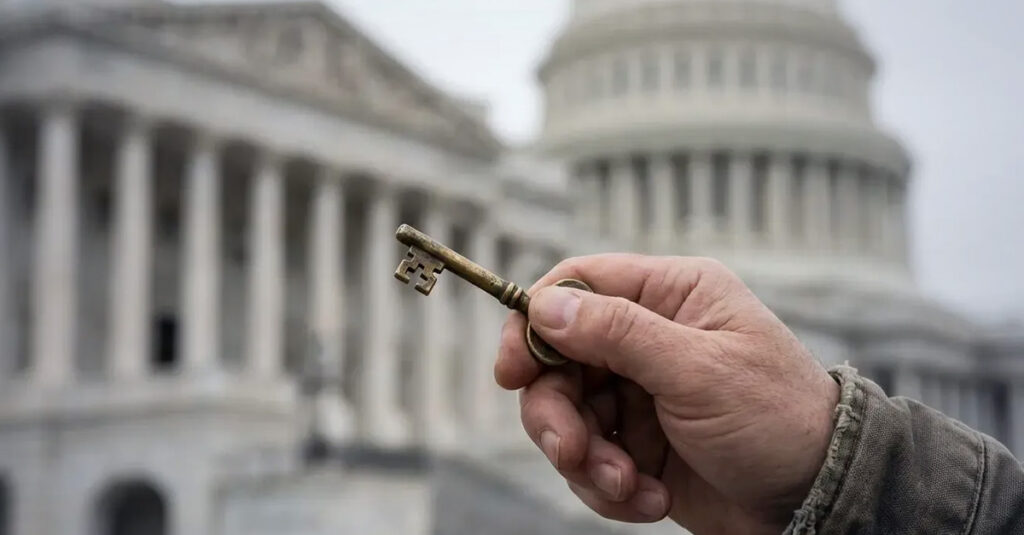 Hand holding a skeleton key in front of a capitol  building - Federal Rating Importance.