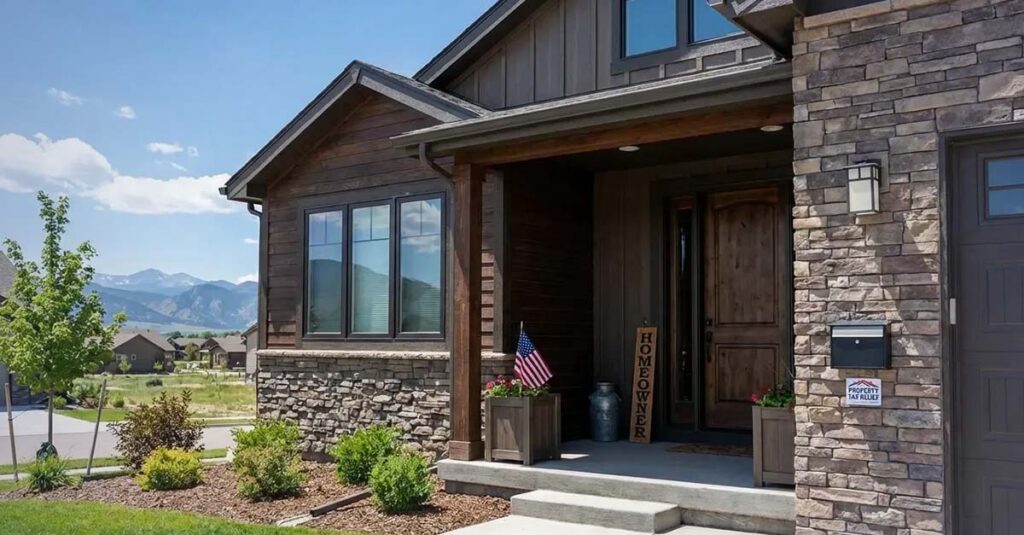 Home with American flag and sign representing property tax exemption.