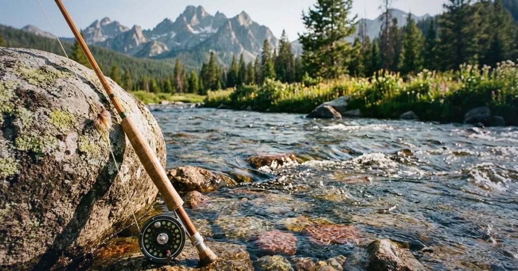 Fly fishing reel leaning against a rock in an Idaho river - discounted hunting & fishing license