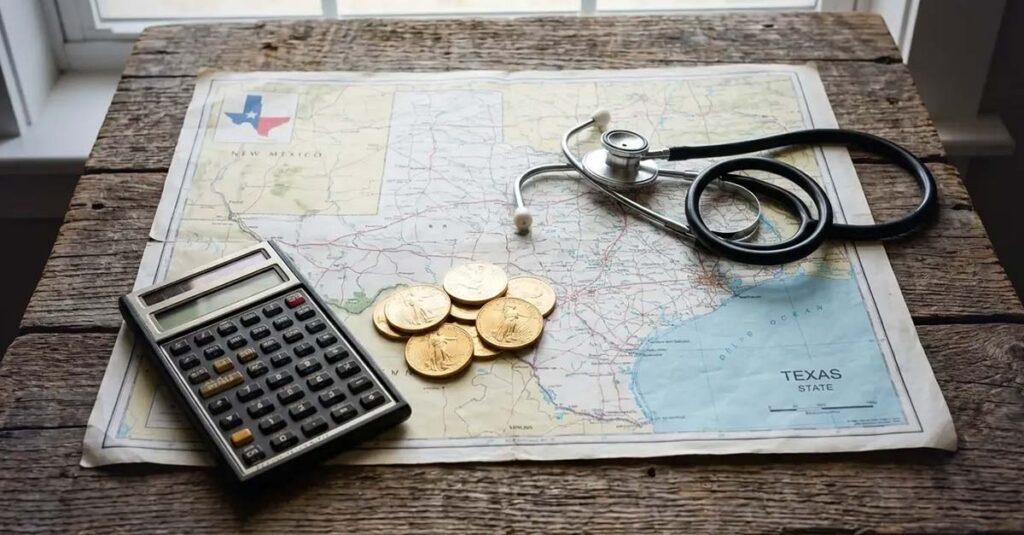 Map of Texas on table with stethoscope, coins and calculator.