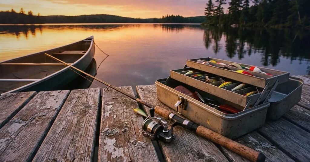 Rod and tackle sitting on a dock by a lake - Hunting and Fishing License.