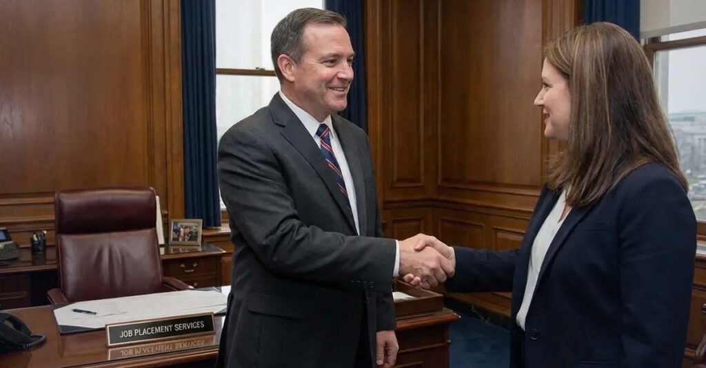 State employed Veteran shaking hands with peer in office.