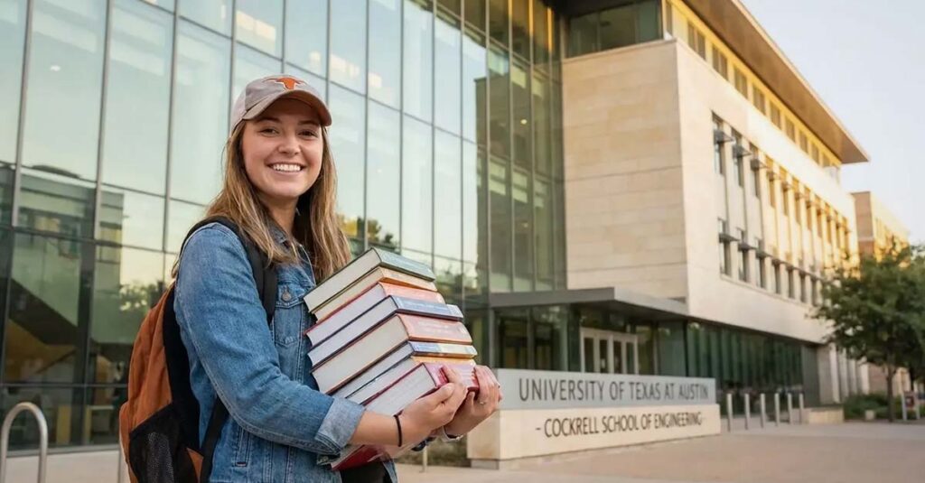 Student carrying books on a college campus utilizing the Hazlewood Act.