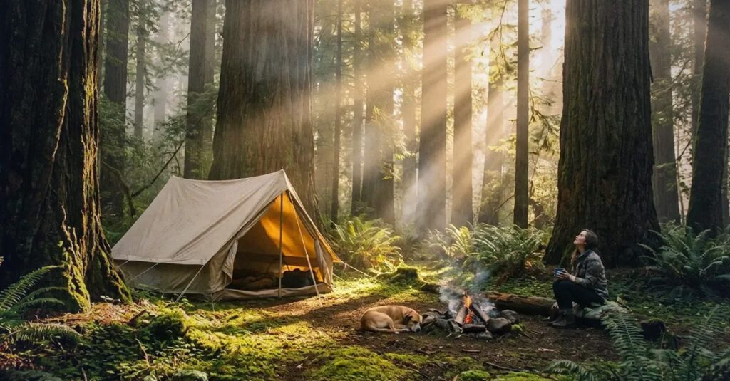 Veteran enjoying their campsite beside a fire.