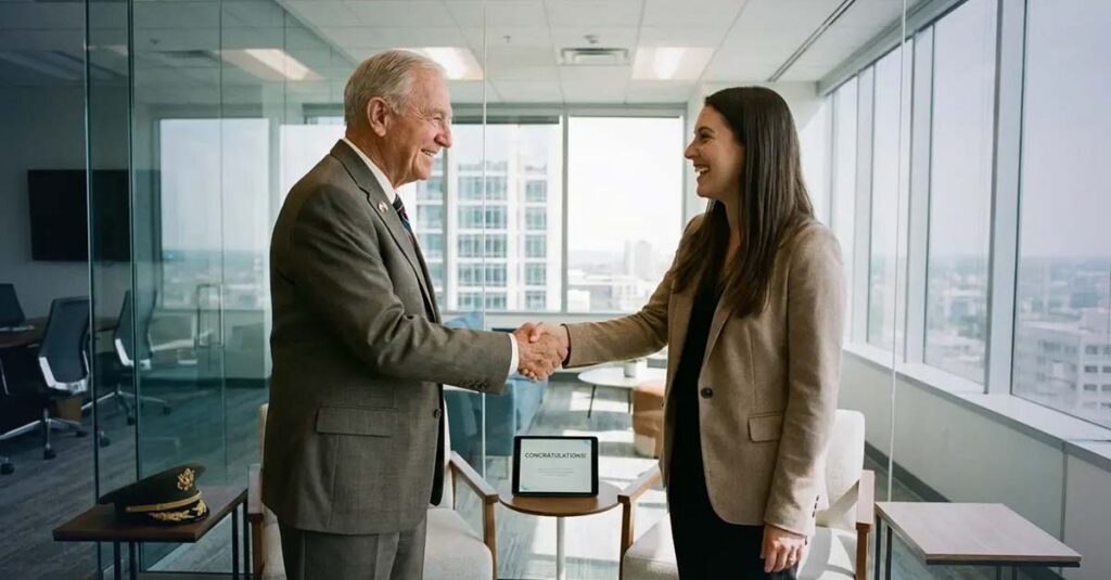 Veteran shaking hands at a job interview.