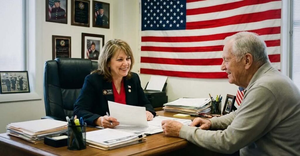 Veteran sitting across from a VFW representative in an office - CVSO Appointment Checklist.