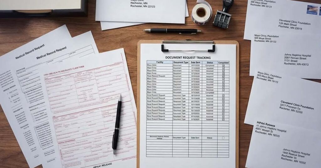 A collection of medical records and documents on a desk for evaluation.