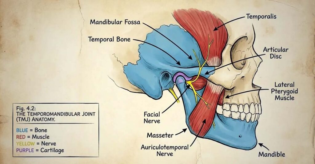 TMJ joint anatomy and surrounding muscle structures.