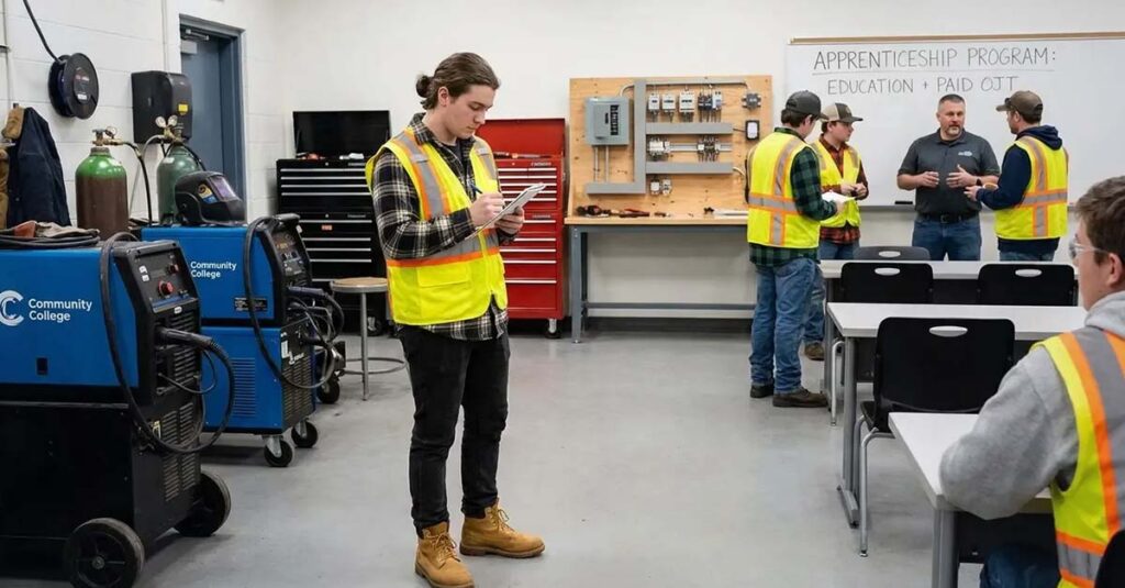 Apprenticeship training program and community college classroom.