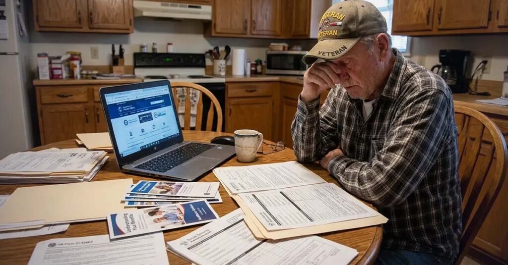 Arkansas veteran reviewing benefit documents at desk.