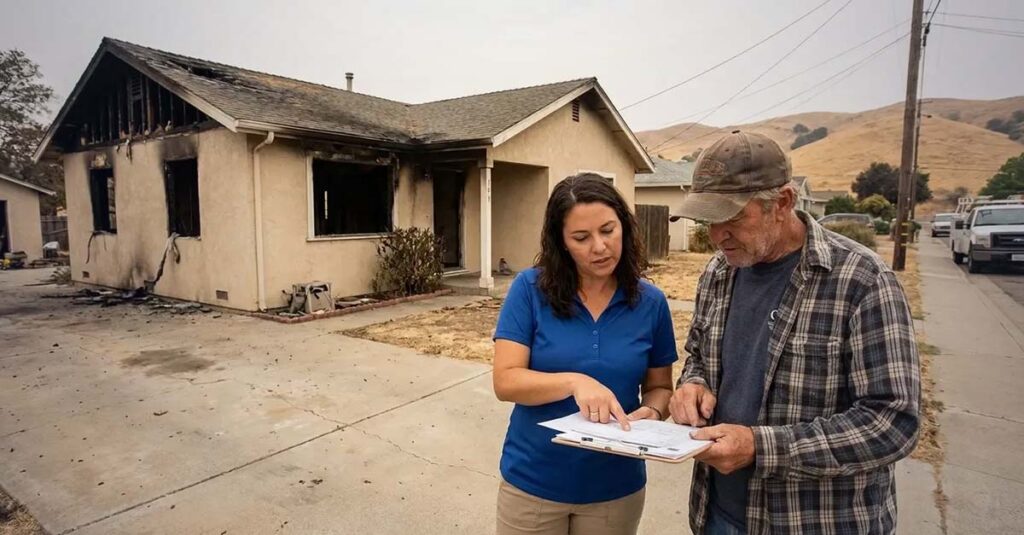 California wildfire damage and home insurance documents.